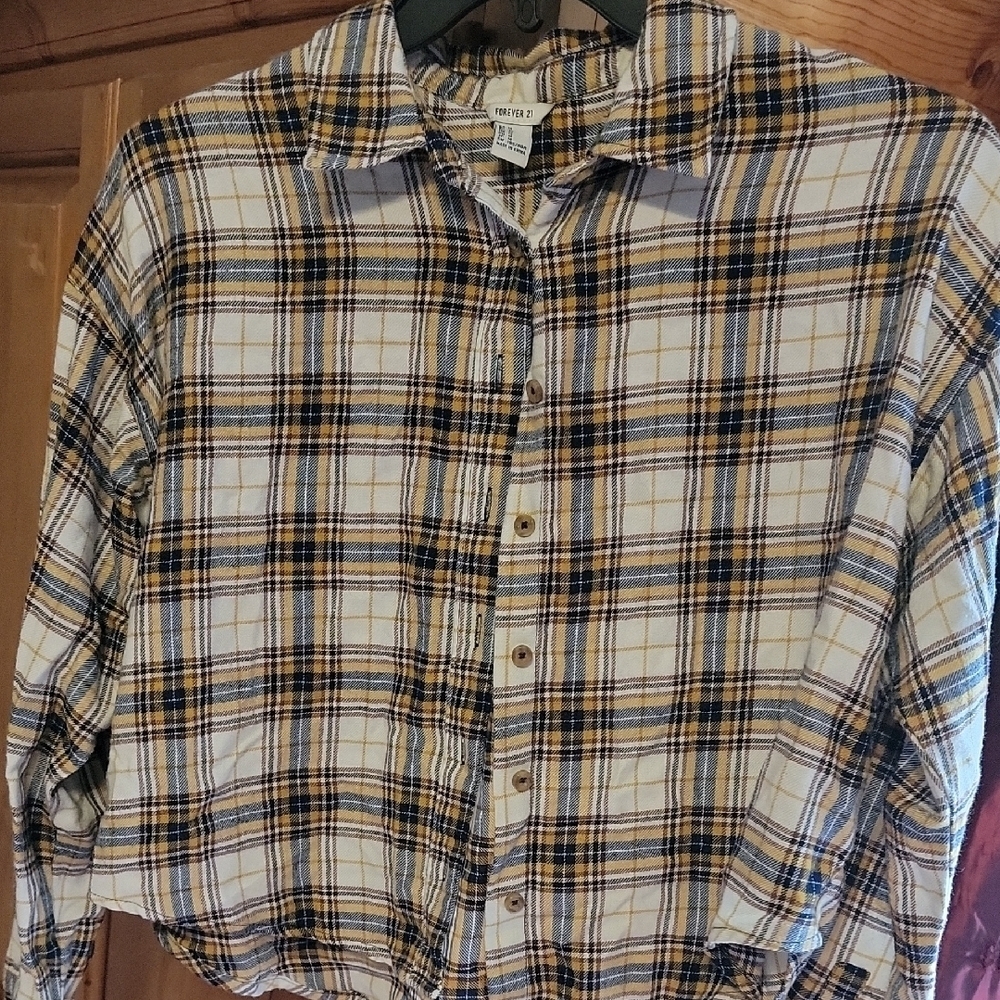 Forever 21 White and Yellow Plaid Button-Down Shirt